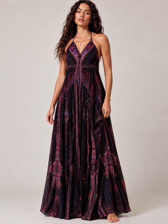 Camilla Dresses & Skirts - CAMILLA Plum Black Printed Pleated Maxi Dress Halter V-Neck M/L